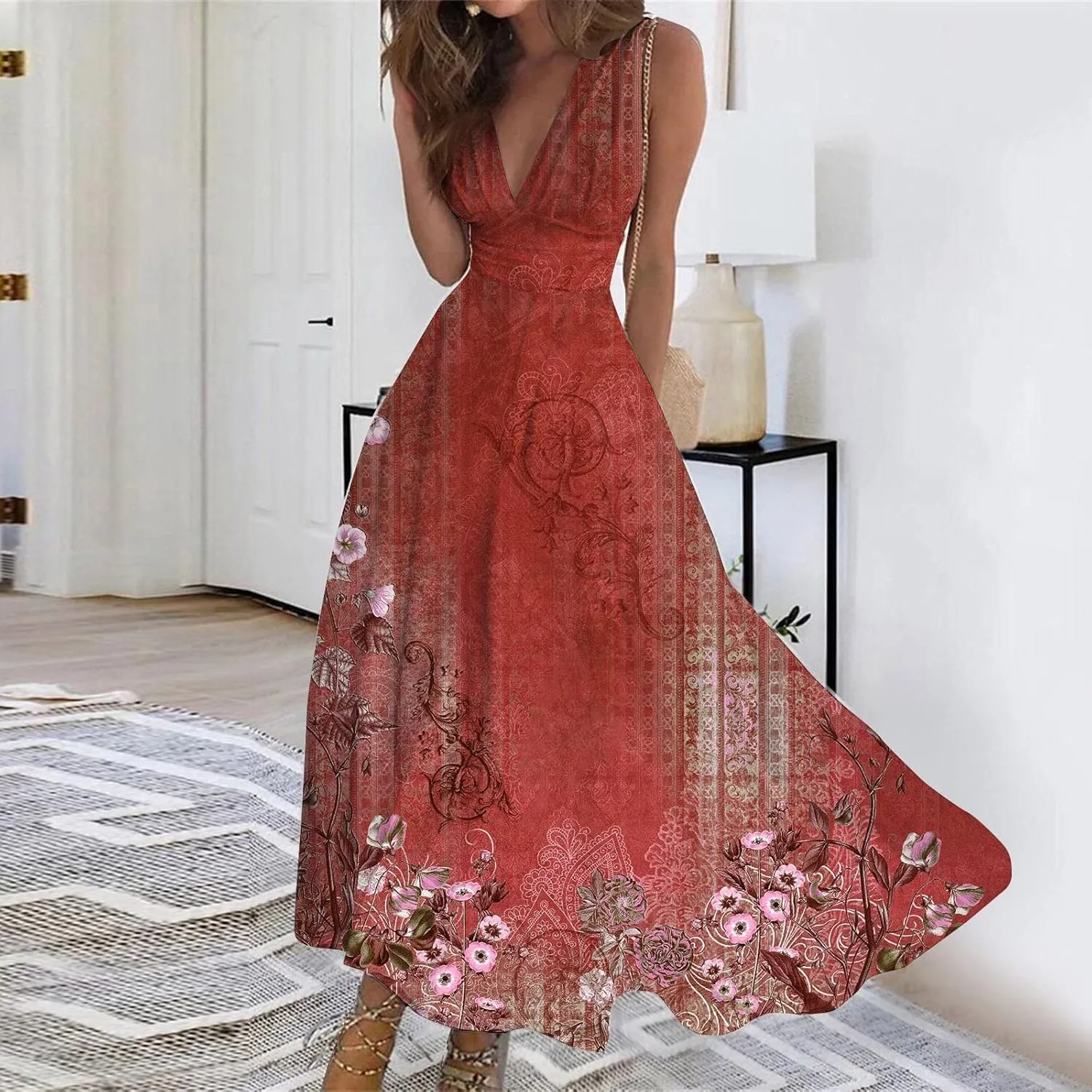 Womens Dresses Floral Print Wrap V Neck Sundresses Flowy Ruched Sleeveless Boho Dress Spring Beach Dress