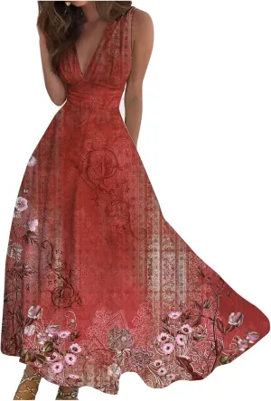 Womens Dresses Floral Print Wrap V Neck Sundresses Flowy Ruched Sleeveless Boho Dress Spring Beach Dress