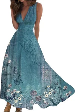 Womens Dresses Floral Print Wrap V Neck Sundresses Flowy Ruched Sleeveless Boho Dress Spring Beach Dress
