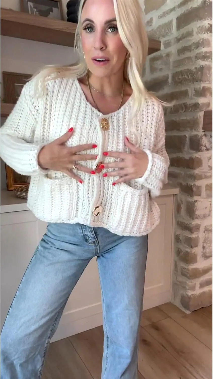 Womens Fall Chunky Knit Cardigan Gold Button Down Long Sleeve Crop Crochet Sweater