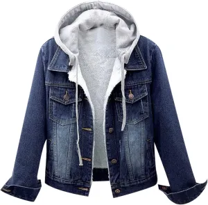 Women's Fleece Lined Denim Jacket Fuzzy Button Long Sleeve Short Coat 2024 Winter Warm Hooded Jean Jacket Outerwear
