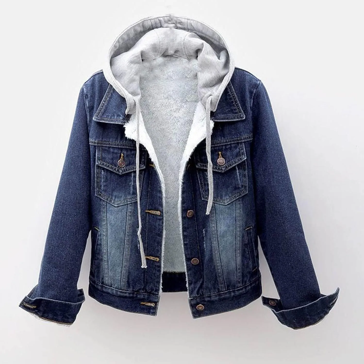Women's Fleece Lined Denim Jacket Fuzzy Button Long Sleeve Short Coat 2024 Winter Warm Hooded Jean Jacket Outerwear