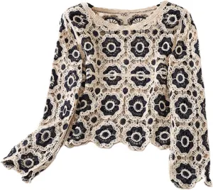 Womens Granny Square Knit Cardigan Crochet Square Print Long Sleeve Jumper V-Neck Button Hollow Out Knitwear Sweater