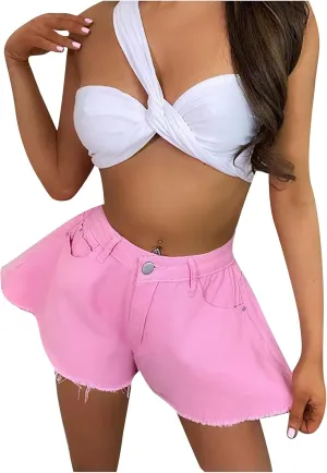 Women's High Elastic Waisted Denim Shorts Ruffle Raw Hem Jean Short Wide Leg Flared A Line Pleated Denim Jean Short