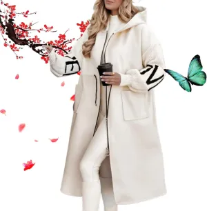 Women's Hooded Long Sleeve Knitted Sleeves Patchwork Casual Jacket,Fall Winter Long Hoodies Trench Coat with Pockets