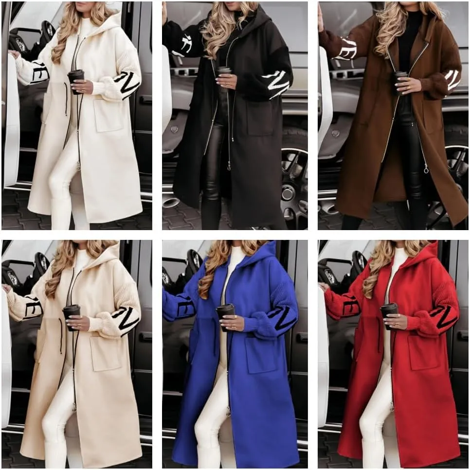 Women's Hooded Long Sleeve Knitted Sleeves Patchwork Casual Jacket,Fall Winter Long Hoodies Trench Coat with Pockets