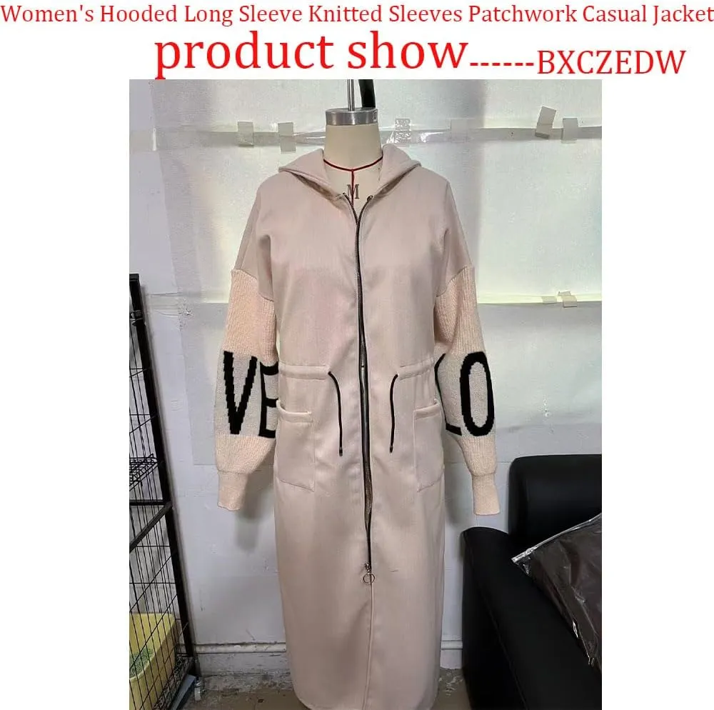 Women's Hooded Long Sleeve Knitted Sleeves Patchwork Casual Jacket,Fall Winter Long Hoodies Trench Coat with Pockets