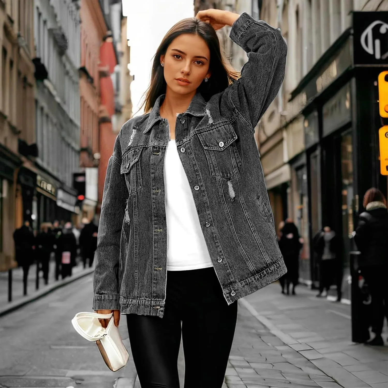 Women's Jean Jacket Denim Distressed Oversized Ripped Long Boyfriend Jacket Fall Soft Shacket Trucker Coat