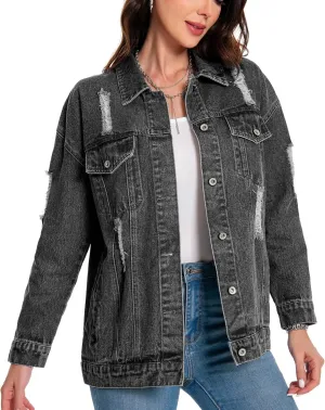Women's Jean Jacket Denim Distressed Oversized Ripped Long Boyfriend Jacket Fall Soft Shacket Trucker Coat