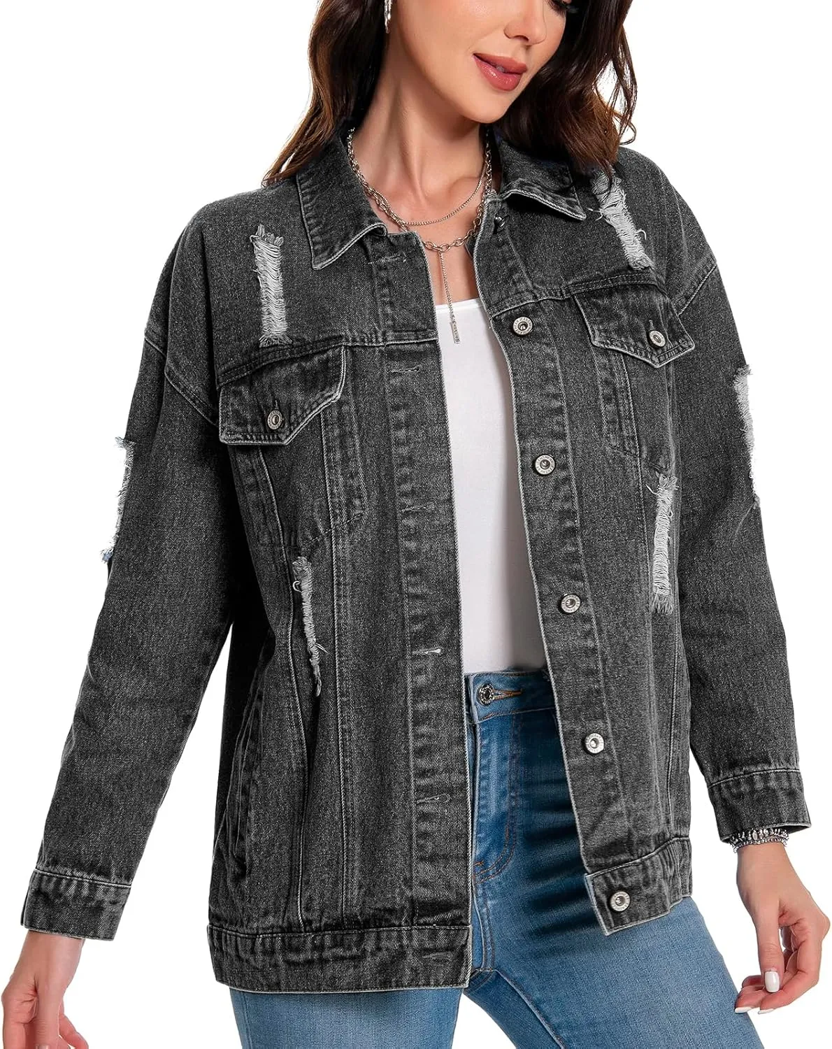 Women's Jean Jacket Denim Distressed Oversized Ripped Long Boyfriend Jacket Fall Soft Shacket Trucker Coat