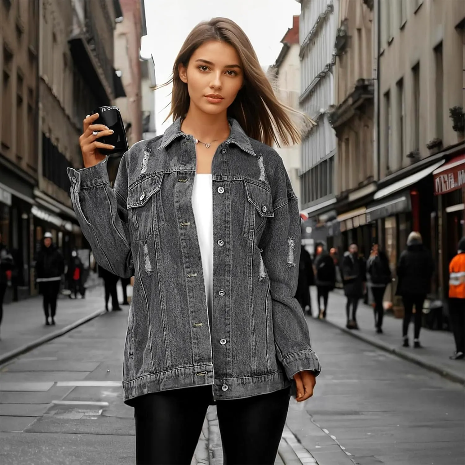 Women's Jean Jacket Denim Distressed Oversized Ripped Long Boyfriend Jacket Fall Soft Shacket Trucker Coat