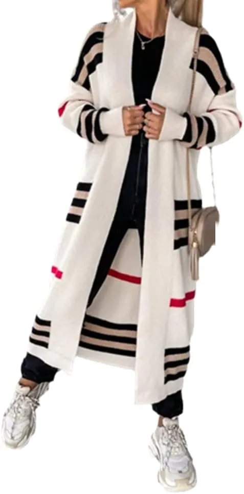 Women's Knit Cardigan Coat Loose Striped Color Block Plus Long Cardigan Sweater Pocket Braided Cardigan Sweater