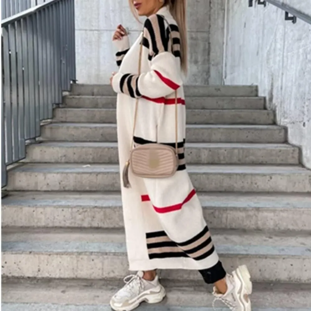 Women's Knit Cardigan Coat Loose Striped Color Block Plus Long Cardigan Sweater Pocket Braided Cardigan Sweater