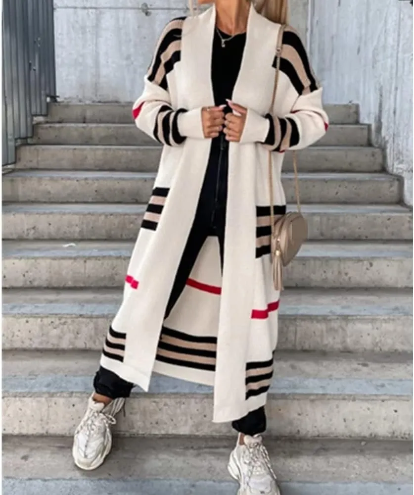 Women's Knit Cardigan Coat Loose Striped Color Block Plus Long Cardigan Sweater Pocket Braided Cardigan Sweater
