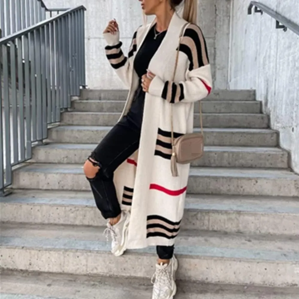 Women's Knit Cardigan Coat Loose Striped Color Block Plus Long Cardigan Sweater Pocket Braided Cardigan Sweater