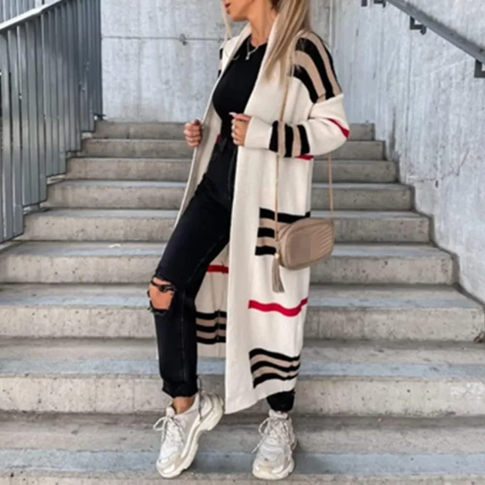 Women's Knit Cardigan Coat Loose Striped Color Block Plus Long Cardigan Sweater Pocket Braided Cardigan Sweater