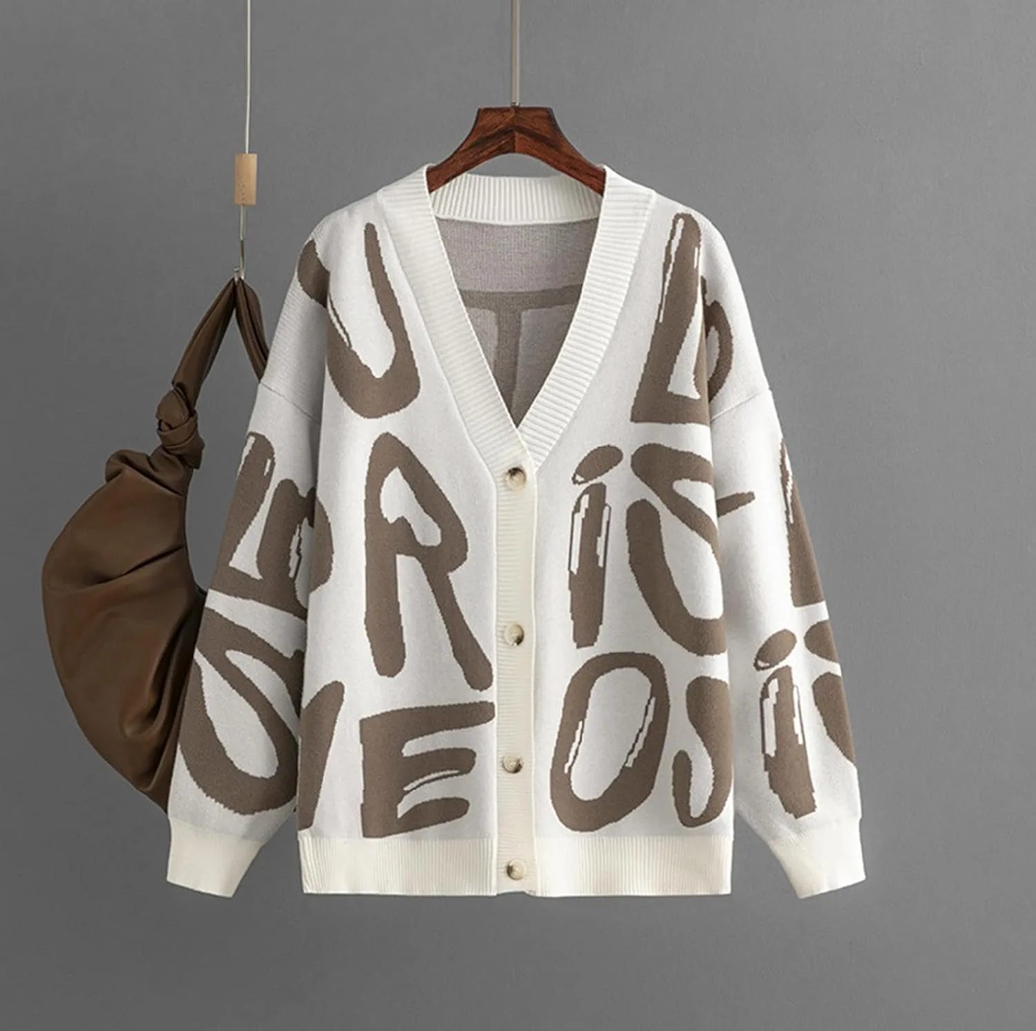 Women's Knit Long Sleeve Open Front Cardigan V-Neck Button Down Letter Pattern Sweater Coat Outwear