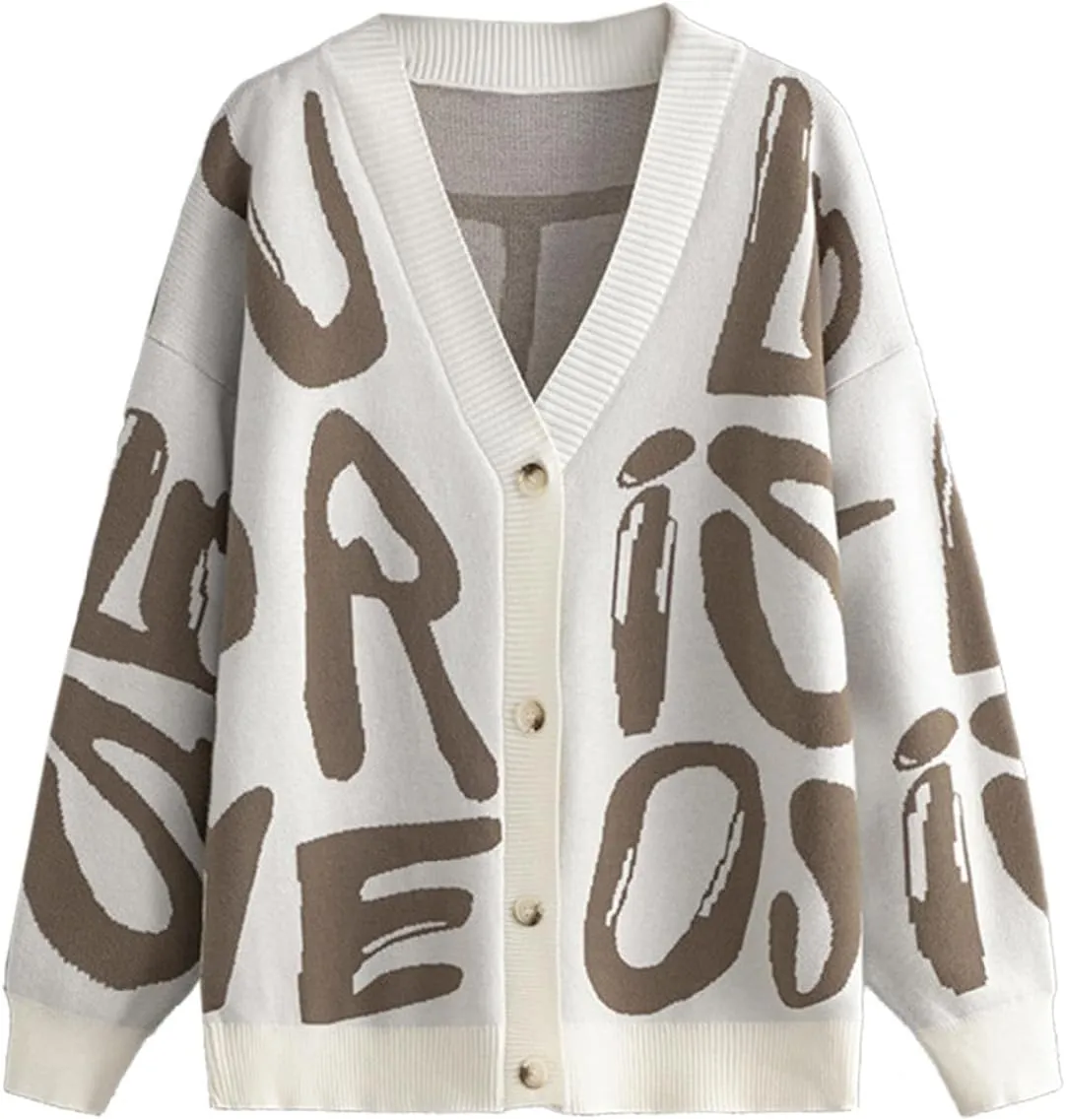Women's Knit Long Sleeve Open Front Cardigan V-Neck Button Down Letter Pattern Sweater Coat Outwear