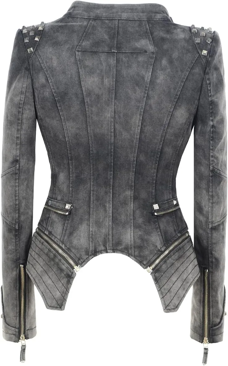 Women's Lapel Swallow Tail jacket Fashion Studded Perfectly Shaping Denim jacket Biker Jacket