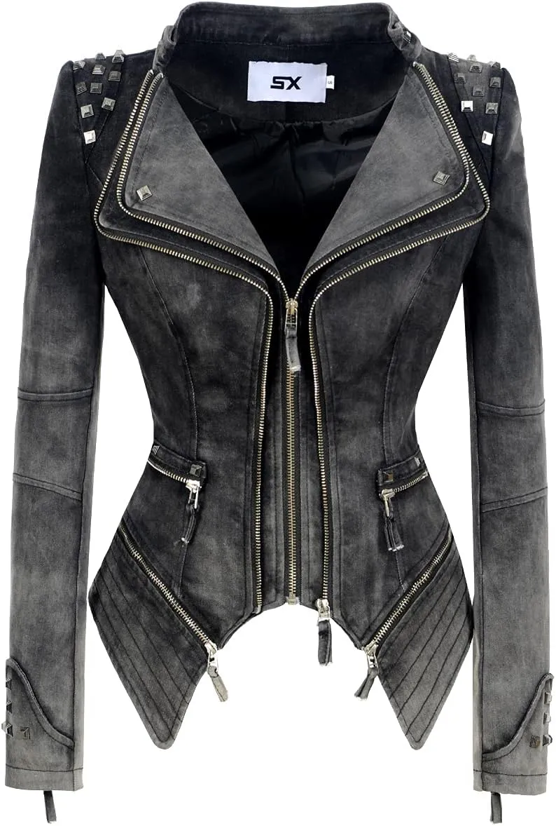 Women's Lapel Swallow Tail jacket Fashion Studded Perfectly Shaping Denim jacket Biker Jacket