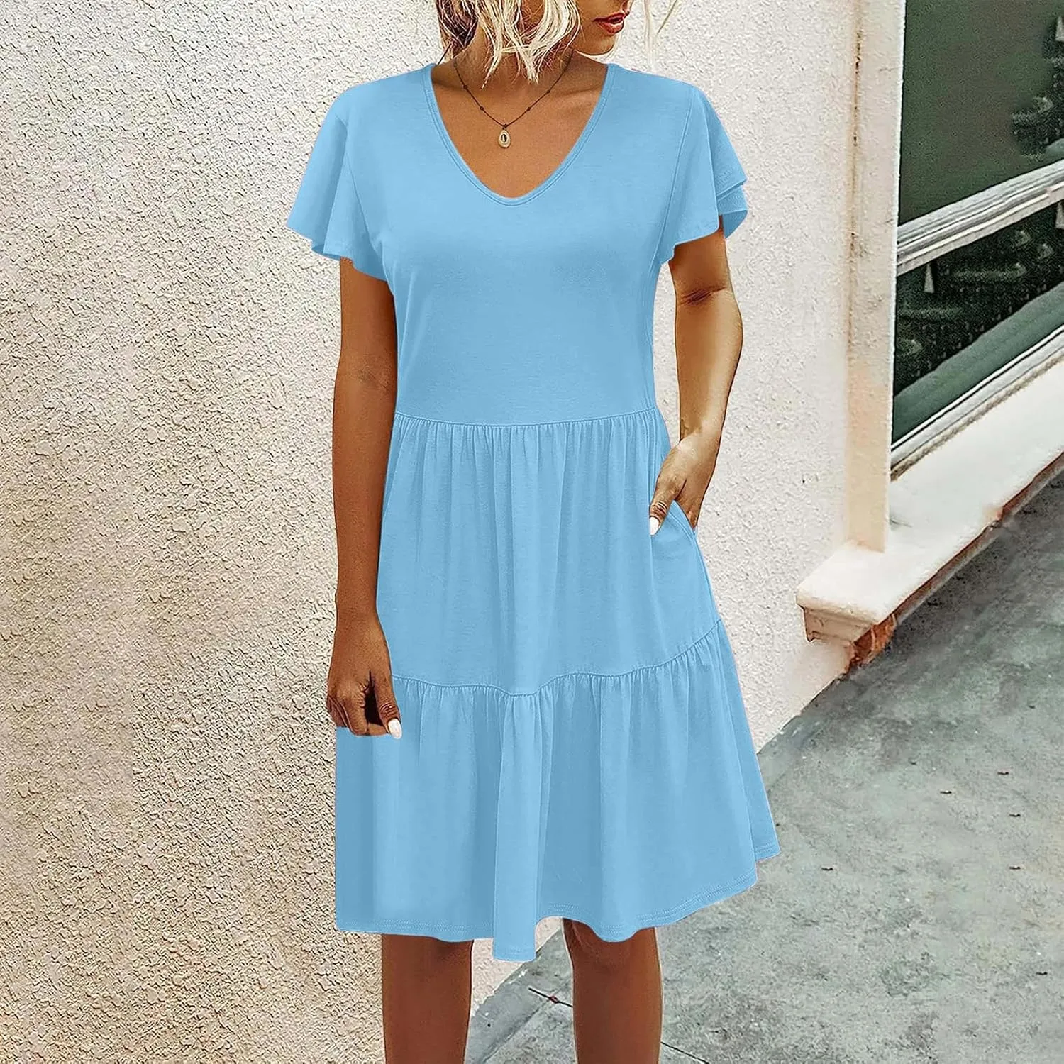 Womens Layered Dresses Ruffle Short Sleeve V Neck Dress Fashion Trending Swing Mini Dress A-Line Outfits