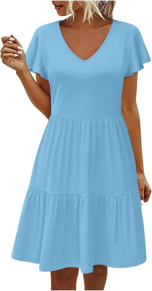 Womens Layered Dresses Ruffle Short Sleeve V Neck Dress Fashion Trending Swing Mini Dress A-Line Outfits