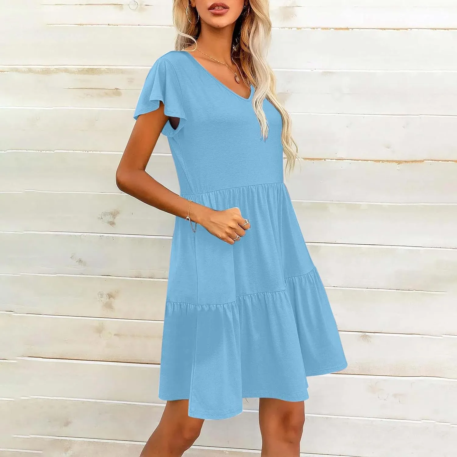 Womens Layered Dresses Ruffle Short Sleeve V Neck Dress Fashion Trending Swing Mini Dress A-Line Outfits