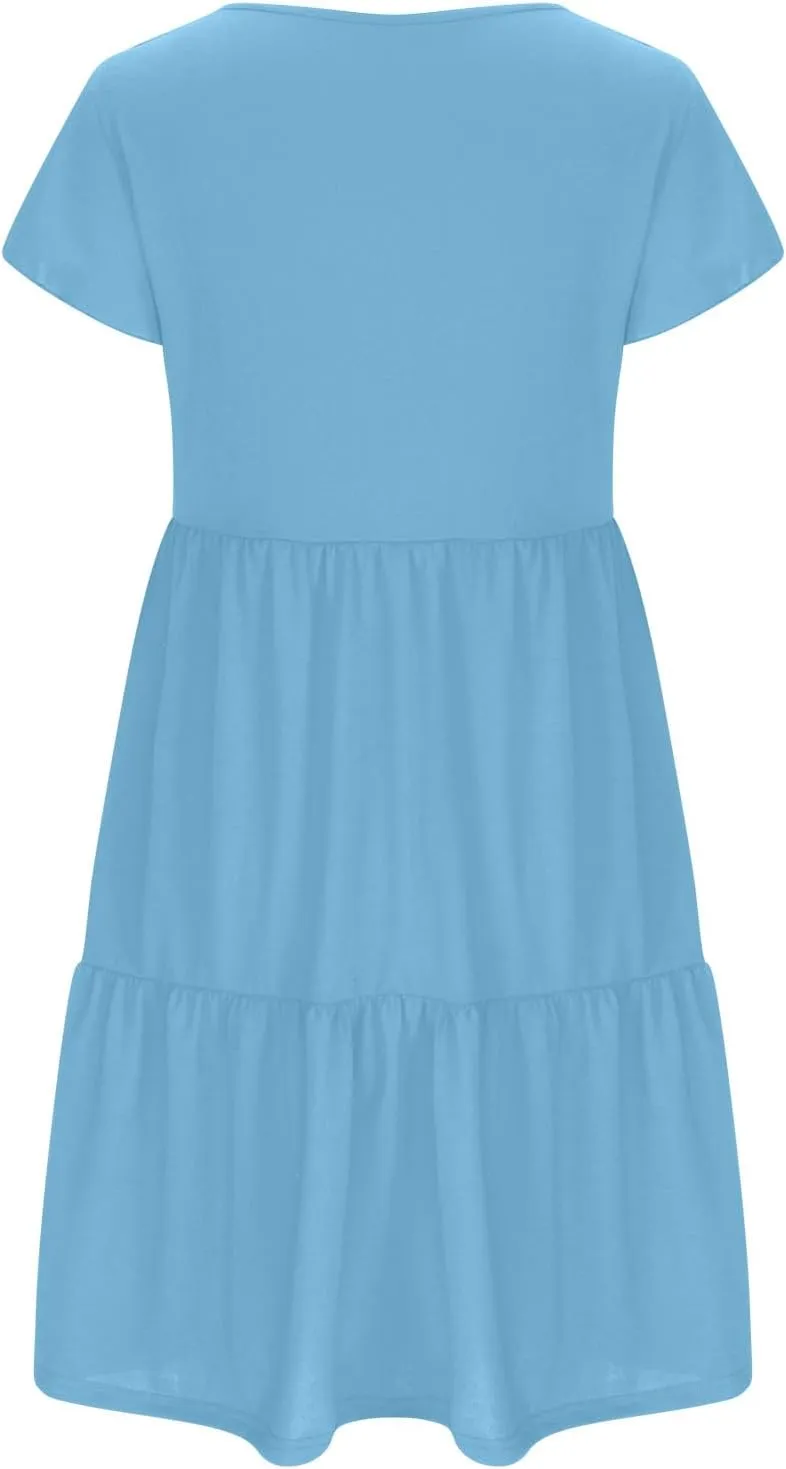 Womens Layered Dresses Ruffle Short Sleeve V Neck Dress Fashion Trending Swing Mini Dress A-Line Outfits