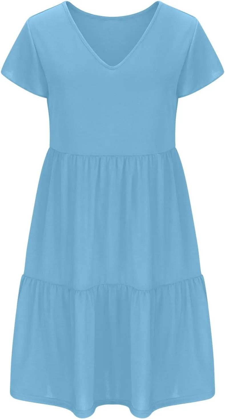 Womens Layered Dresses Ruffle Short Sleeve V Neck Dress Fashion Trending Swing Mini Dress A-Line Outfits