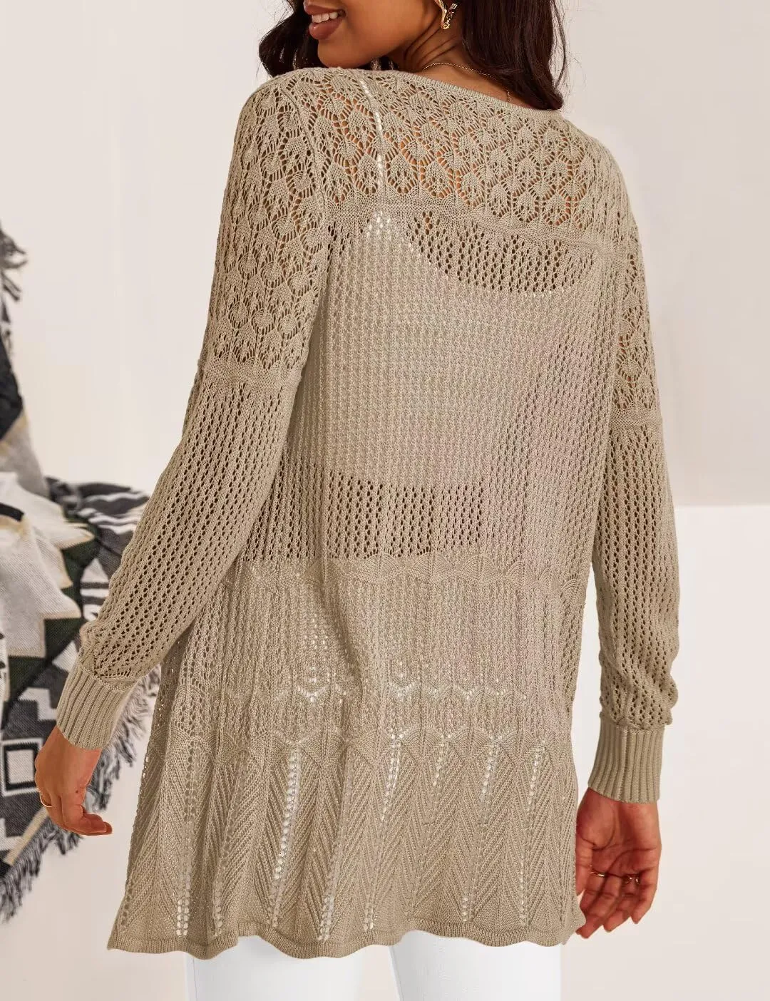 Women's Lightweight Crochet Cardigan Sweaters Long Sleeve Loose Drape Open Front Boho Beach Cover Up, S-XL
