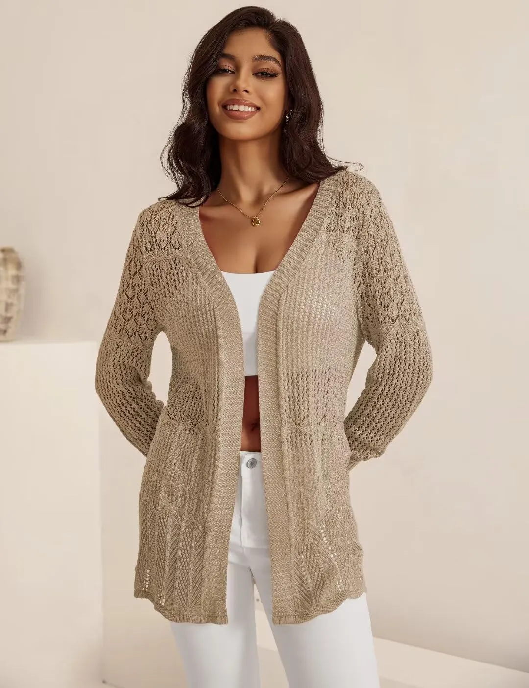 Women's Lightweight Crochet Cardigan Sweaters Long Sleeve Loose Drape Open Front Boho Beach Cover Up, S-XL