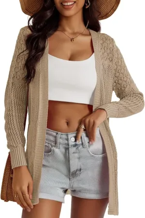 Women's Lightweight Crochet Cardigan Sweaters Long Sleeve Loose Drape Open Front Boho Beach Cover Up, S-XL