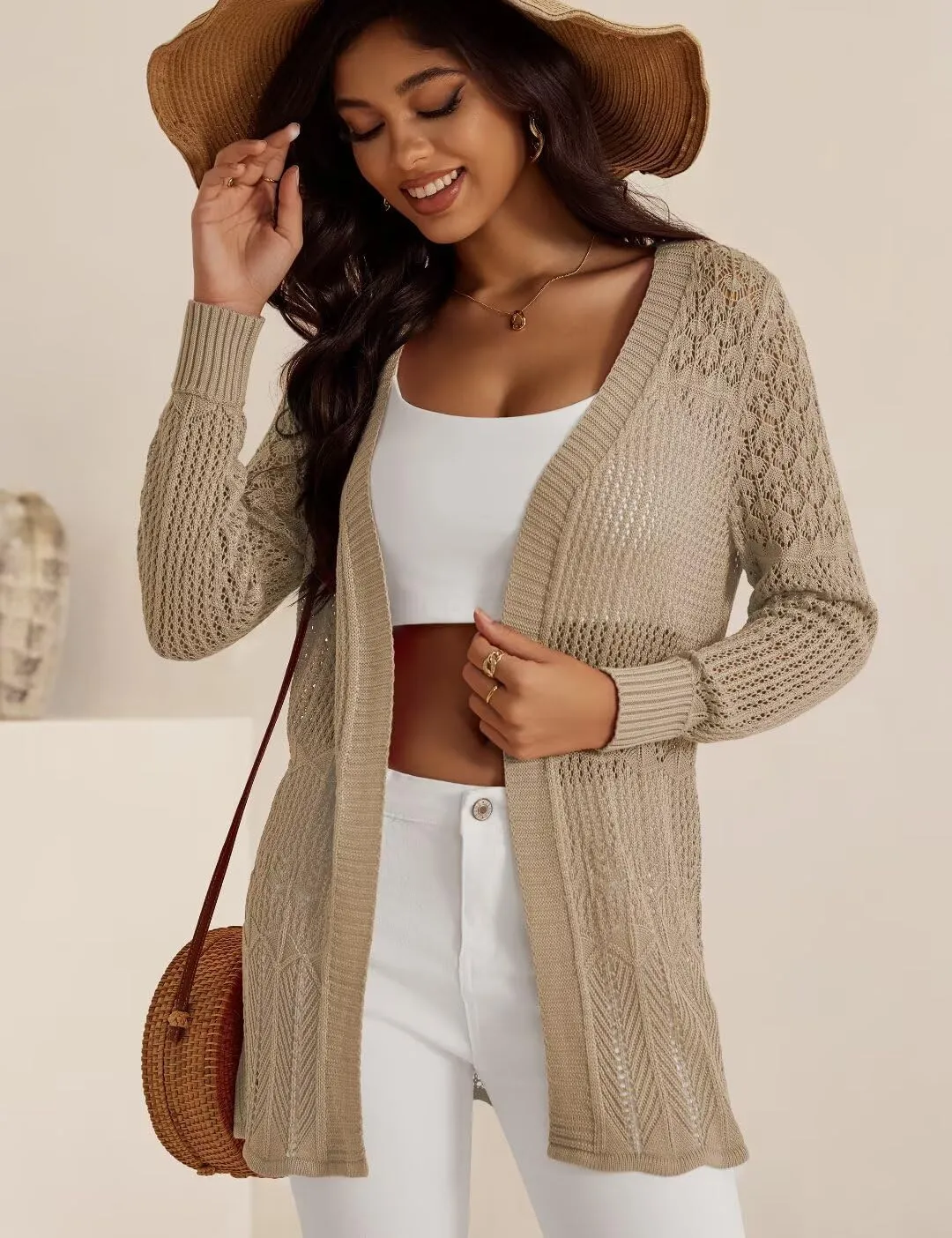Women's Lightweight Crochet Cardigan Sweaters Long Sleeve Loose Drape Open Front Boho Beach Cover Up, S-XL