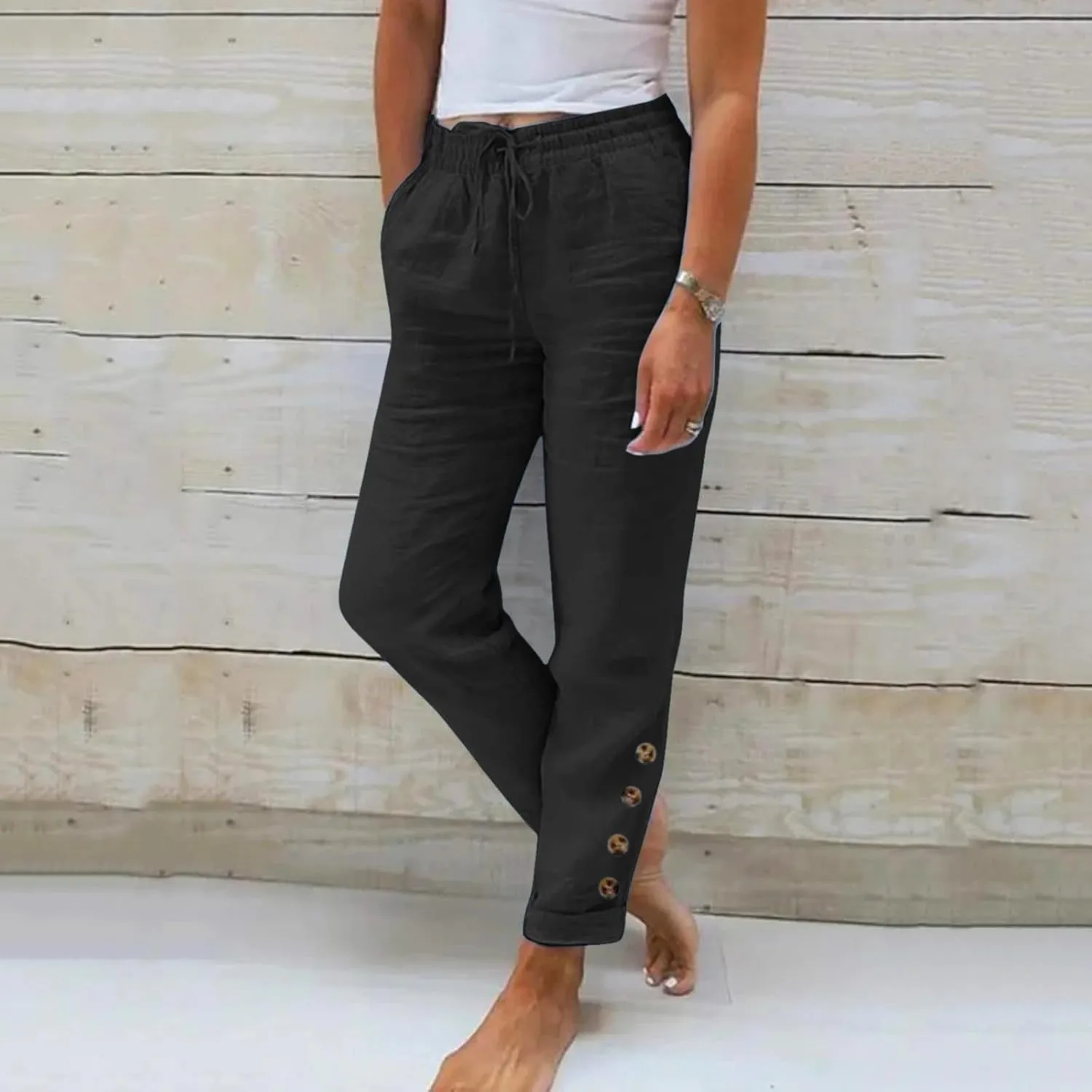 Womens Linen Blend Summer Solid Pant Trousers High Waist Stretchy Straight Slim Fit Pants Work Business