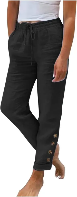 Womens Linen Blend Summer Solid Pant Trousers High Waist Stretchy Straight Slim Fit Pants Work Business