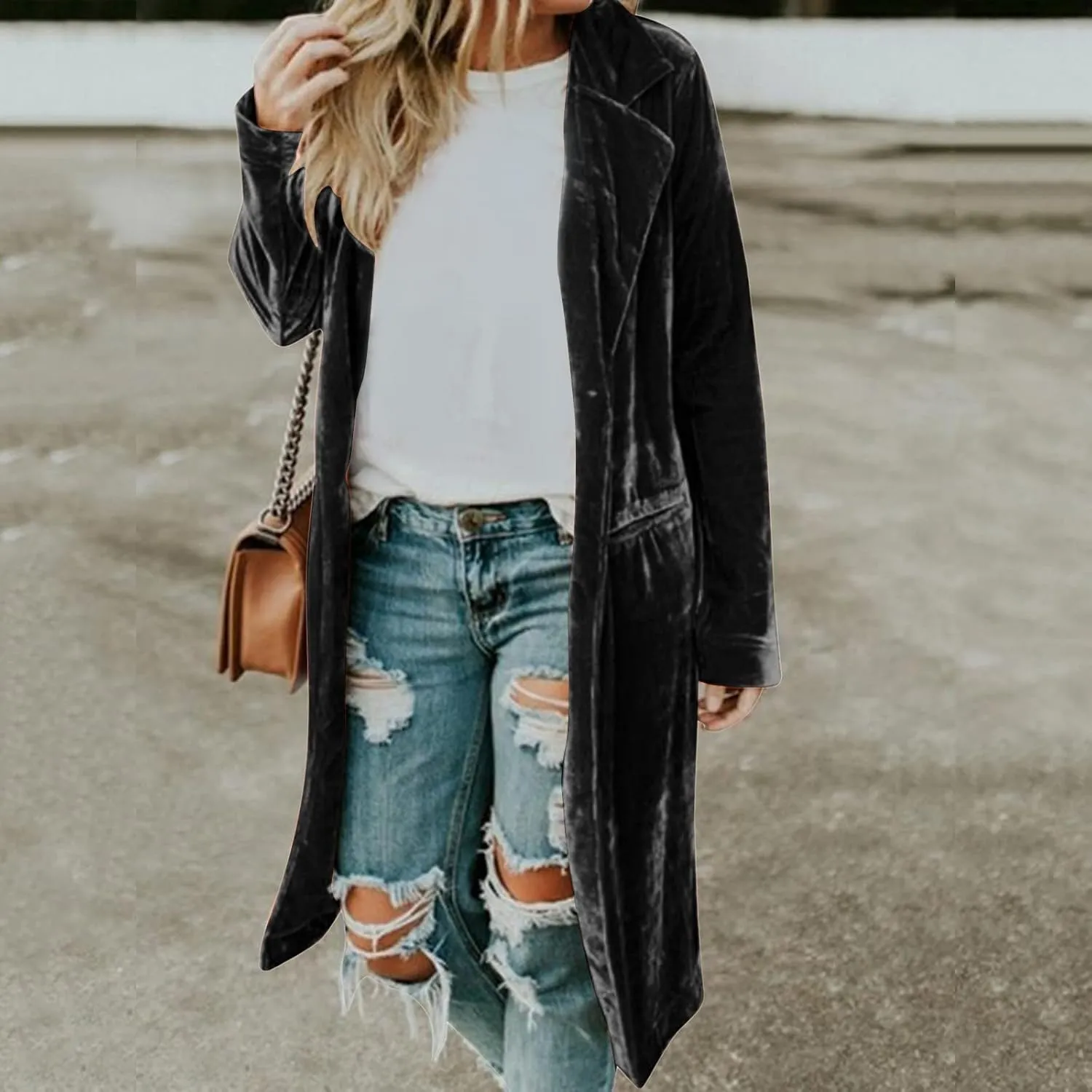 Women's Long Velvet Cardigan Long Sleeve Vintage Open Front Outerwear Coat Fashion Wild Trench Coat