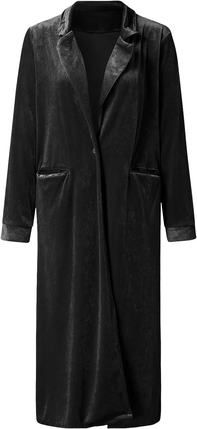Women's Long Velvet Cardigan Long Sleeve Vintage Open Front Outerwear Coat Fashion Wild Trench Coat