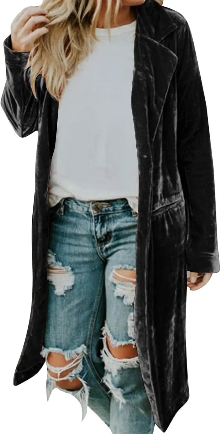 Women's Long Velvet Cardigan Long Sleeve Vintage Open Front Outerwear Coat Fashion Wild Trench Coat