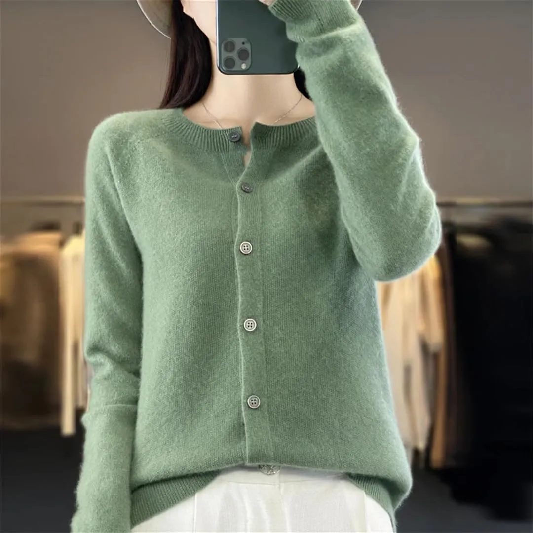 Women's Merino Wool Cardigan Long Sleeve Knitted Crew Neck Cardigan Loose Solid Color Sweater
