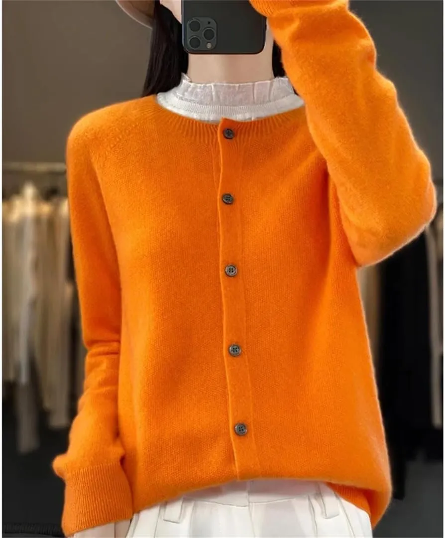 Women's Merino Wool Cardigan Long Sleeve Knitted Crew Neck Cardigan Loose Solid Color Sweater