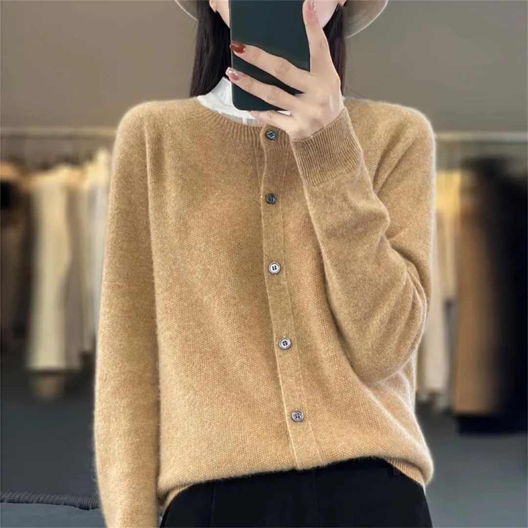 Women's Merino Wool Cardigan Long Sleeve Knitted Crew Neck Cardigan Loose Solid Color Sweater