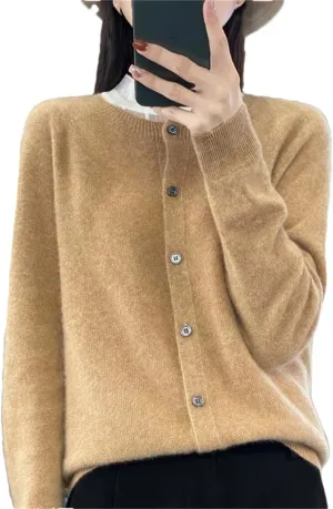Women's Merino Wool Cardigan Long Sleeve Knitted Crew Neck Cardigan Loose Solid Color Sweater