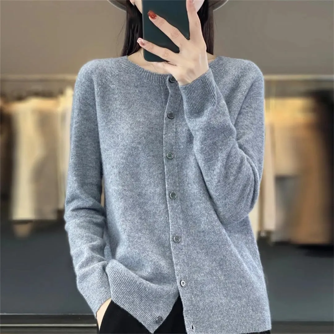 Women's Merino Wool Cardigan Long Sleeve Knitted Crew Neck Cardigan Loose Solid Color Sweater