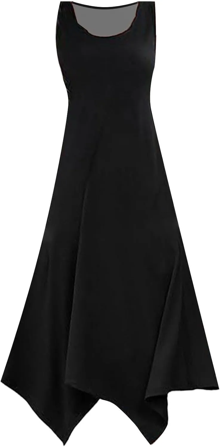 Womens Midi Dress Casual Summer Sleeveless Irregular Hankerchief Hem Long Maxi Dress Tank Dresses with Pockets
