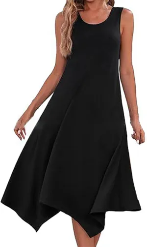 Womens Midi Dress Casual Summer Sleeveless Irregular Hankerchief Hem Long Maxi Dress Tank Dresses with Pockets