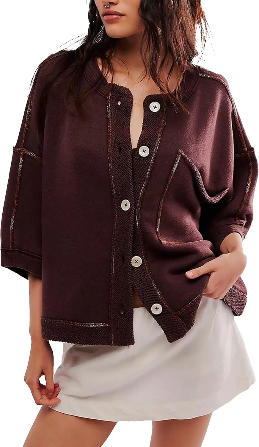 Women's Open Front Cardigan Sweatshirt Oversized Button Down 3/4 Sleeve Knit Loose Fall Winter Cropped Cardigan Coats