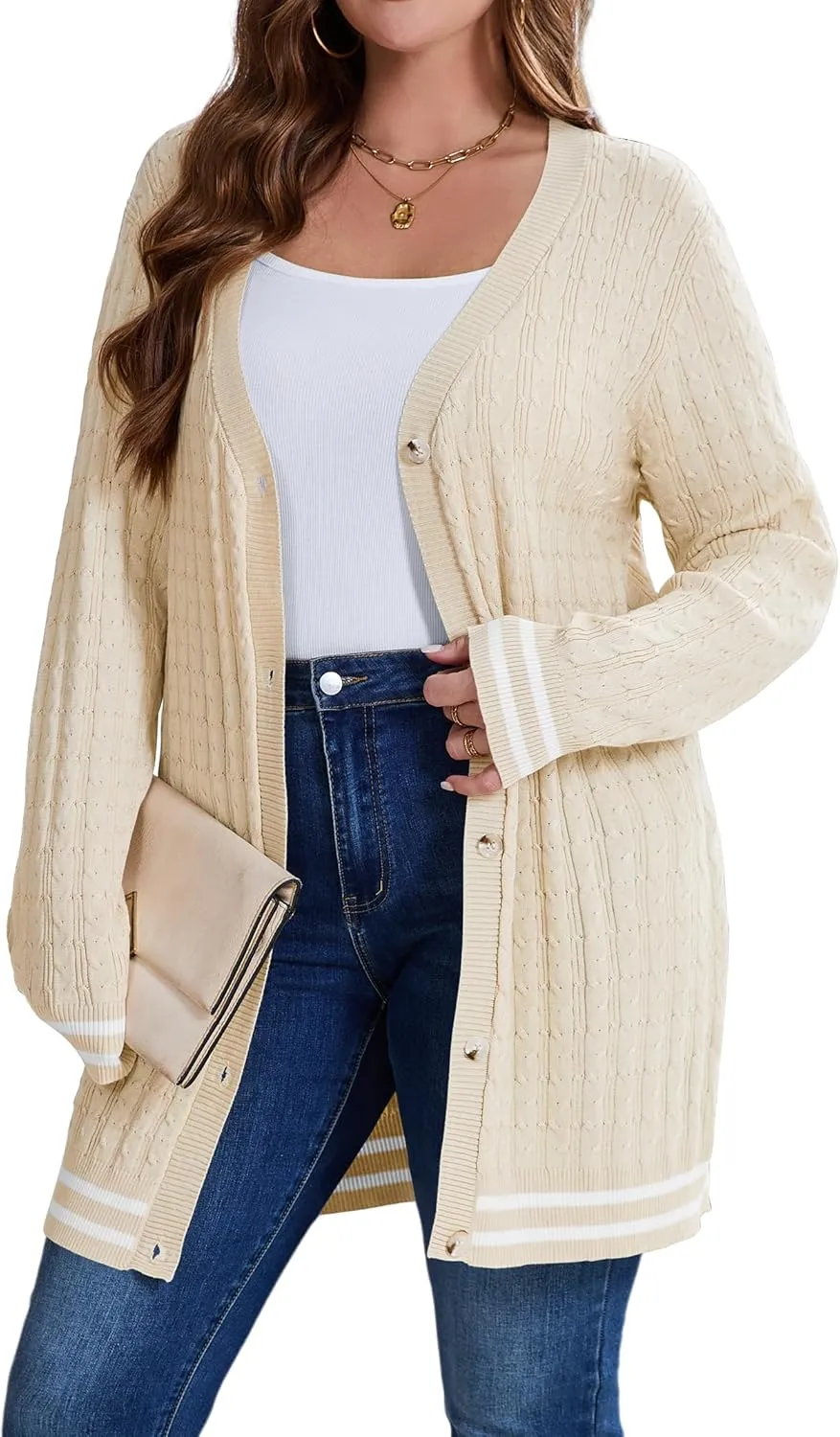 Women's Plus Size Button Down Cardigan Sweater Causal Open Front Loose Long Sleeve Crew Neck Knit Outwear