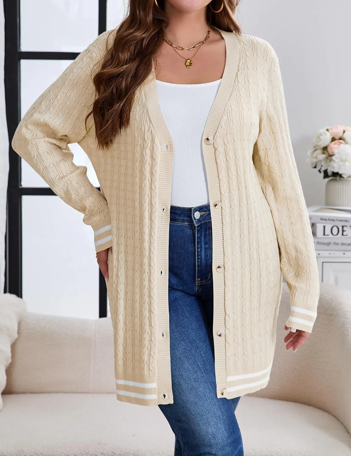 Women's Plus Size Button Down Cardigan Sweater Causal Open Front Loose Long Sleeve Crew Neck Knit Outwear