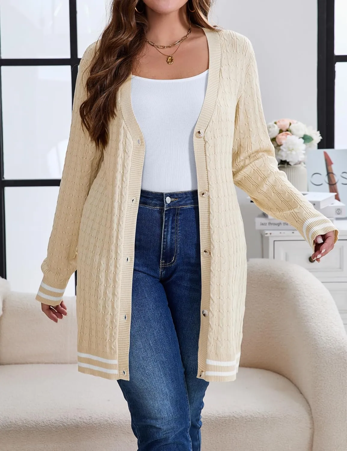 Women's Plus Size Button Down Cardigan Sweater Causal Open Front Loose Long Sleeve Crew Neck Knit Outwear