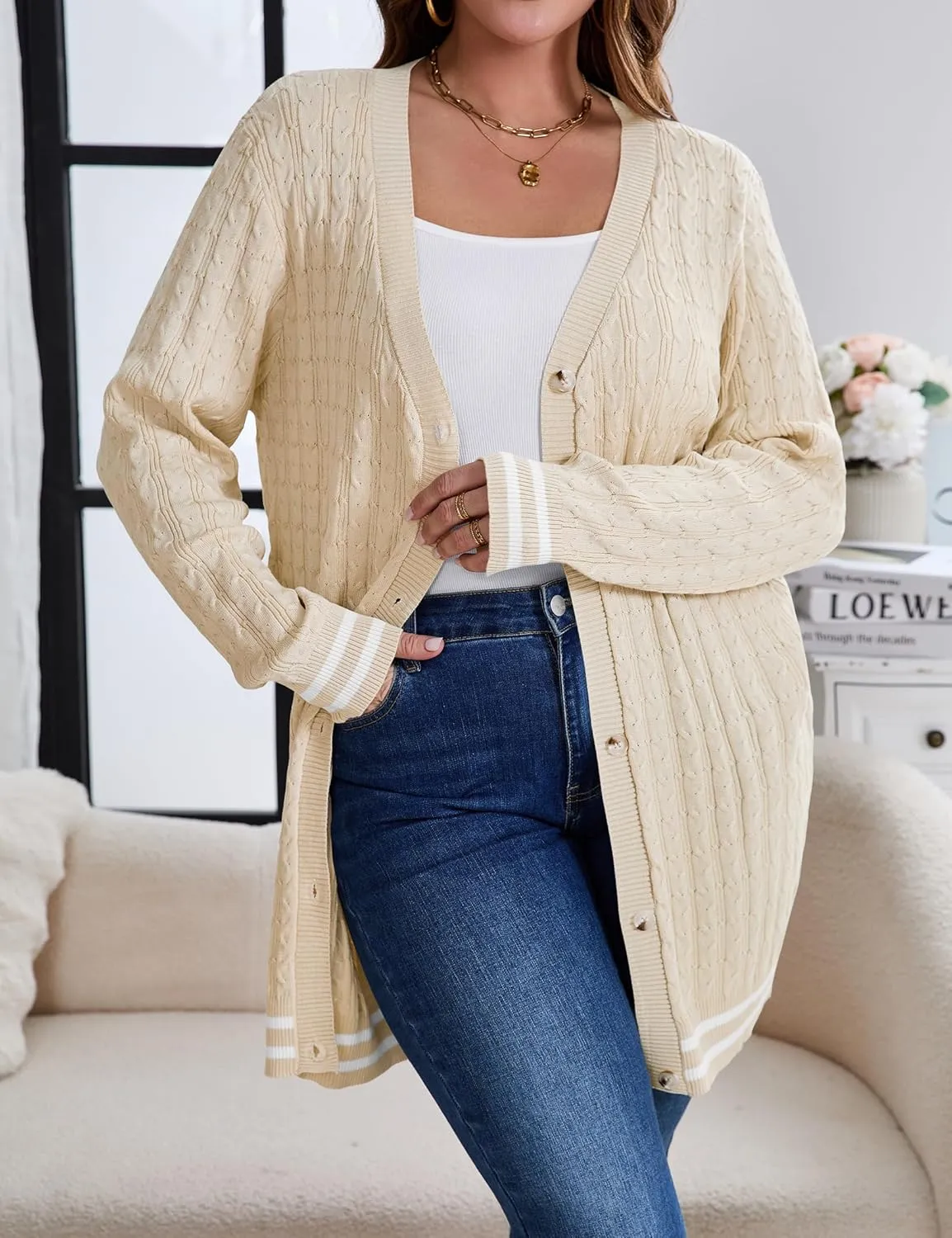 Women's Plus Size Button Down Cardigan Sweater Causal Open Front Loose Long Sleeve Crew Neck Knit Outwear
